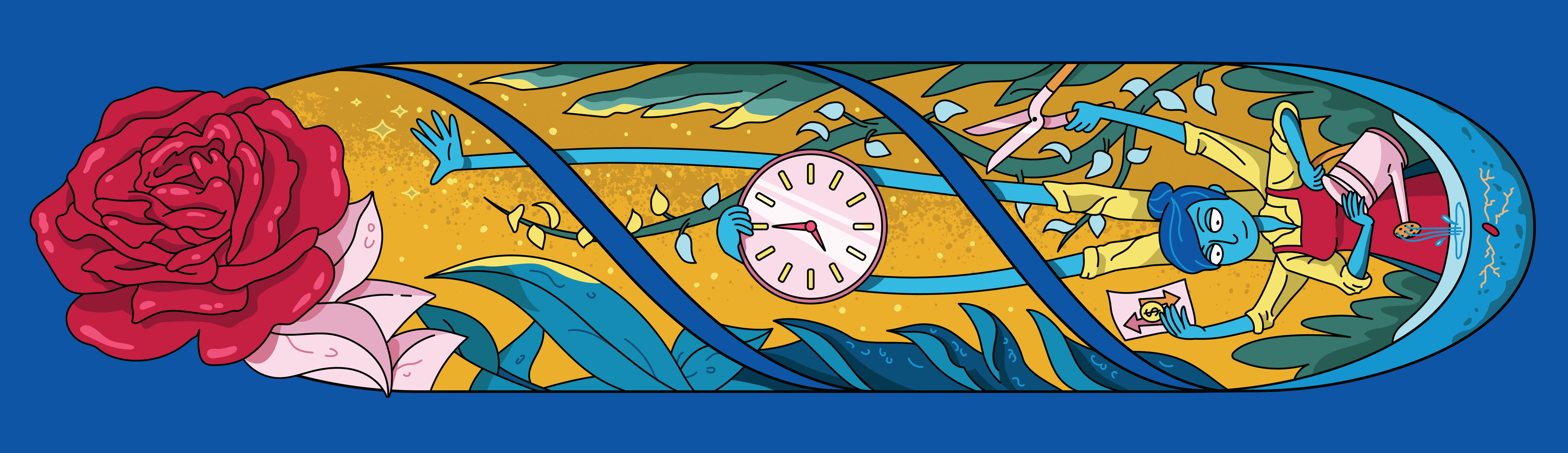Custom skateboard deck commissioned to celebrate the Business Tax launch, illustrated by a Rick and Morty artist and given to every contributor