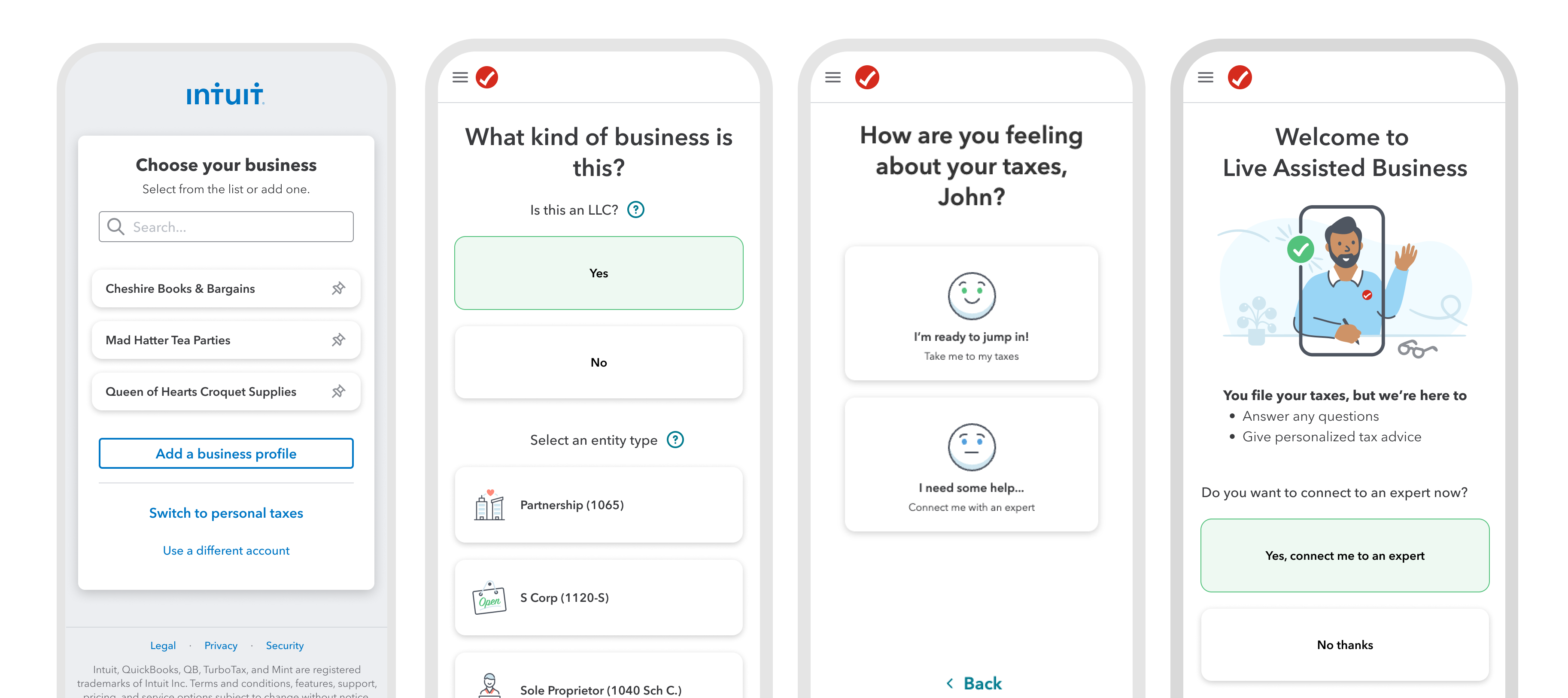 Screens from the Business Tax pilot funnel